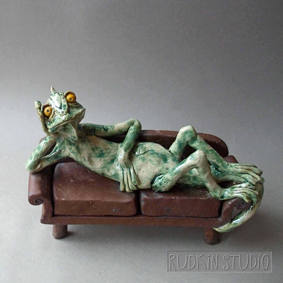 Items similar to Lizard Reclining on Couch Whimsical Ceramic Sculpture