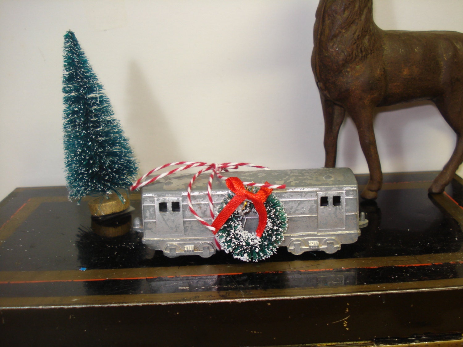 Vintage Metal Midgetoy Train Car with Bottle Brush Wreath Desk Decor Vintage Decor, Holiday Decor