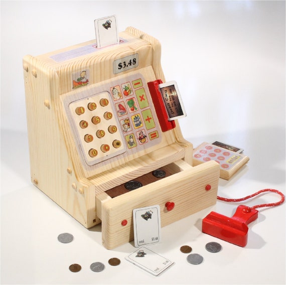 Pretend Toy Cash Register Wooden includes pullout drawer 2