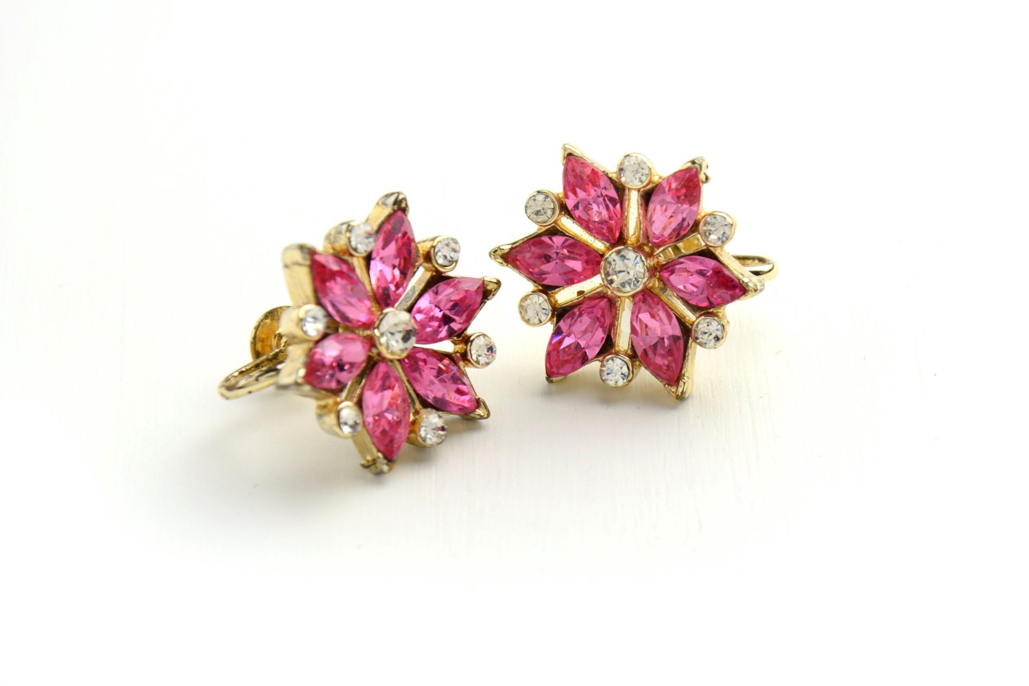 Vintage Coro Earrings Pink Flower Rhinestone by VintageCravens