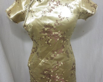 Vintage Asian Wiggle Chinoise Bronze Brocade Dress Cherry Blossoms Satin