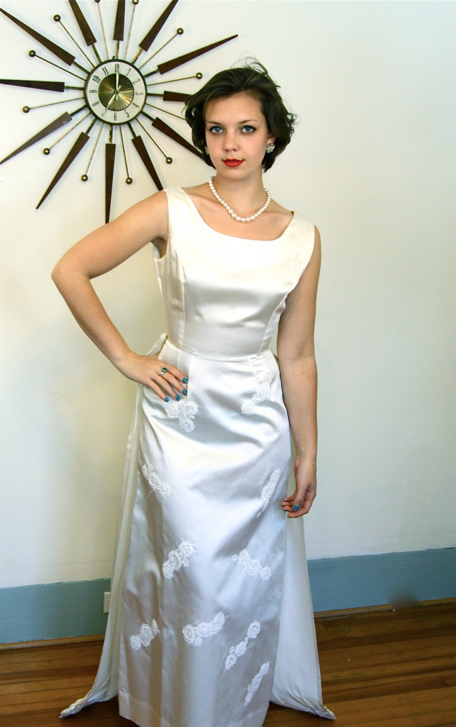 Vintage 1960s Ivory Satin  Wedding  Dress  Long Column 