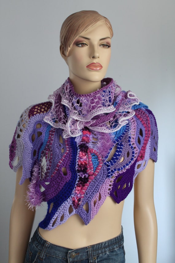 Pink Purple Lilac Blue  Chunky Freeform Crochet  Scarf Shawl Capelet / Textured shawl / Wearable Art / OOAK /  Bohemian Scarf