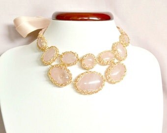 Bridal statement necklace - rose quartz, crochet necklace, luxe jewelry, high fashion, fashion for women