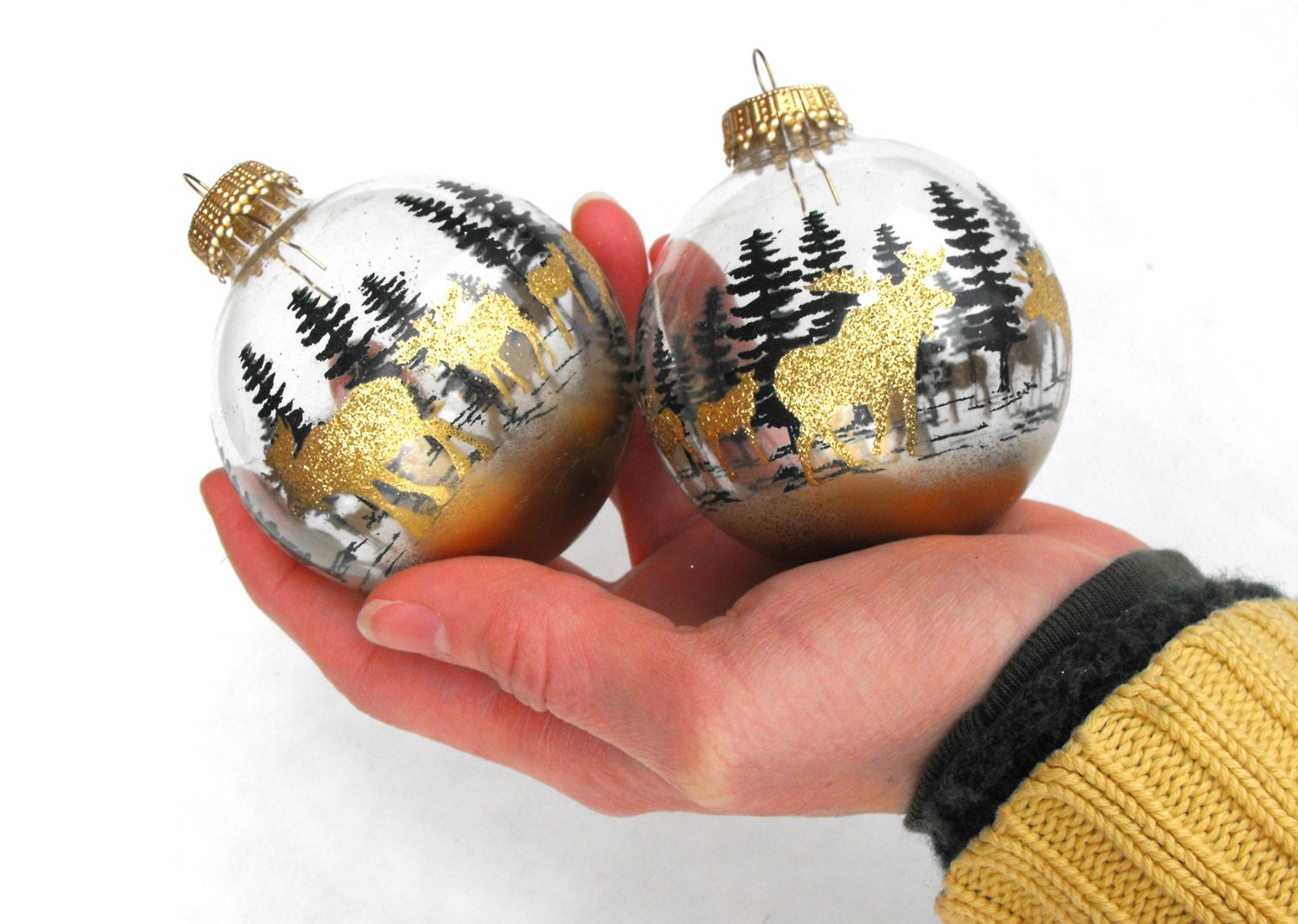 1970s Krebs Reindeer Christmas Ornaments Metallic Gold Clear