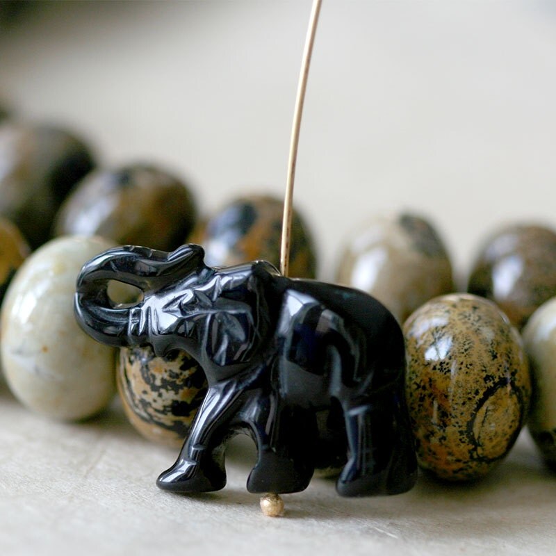 Carved Stone Elephant Beads Jewelry Making Supply Black