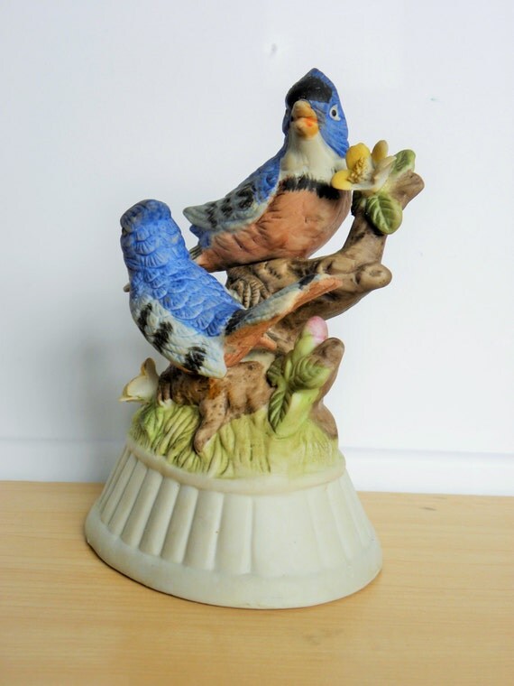 Porcelain Musical Bird Figurine Blue Jay Bird by FieldsOfVintage