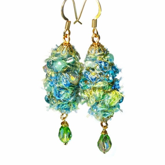 Unique Fuzzy Fiber Art Earrings Wire Wrapped by BluKatDesign