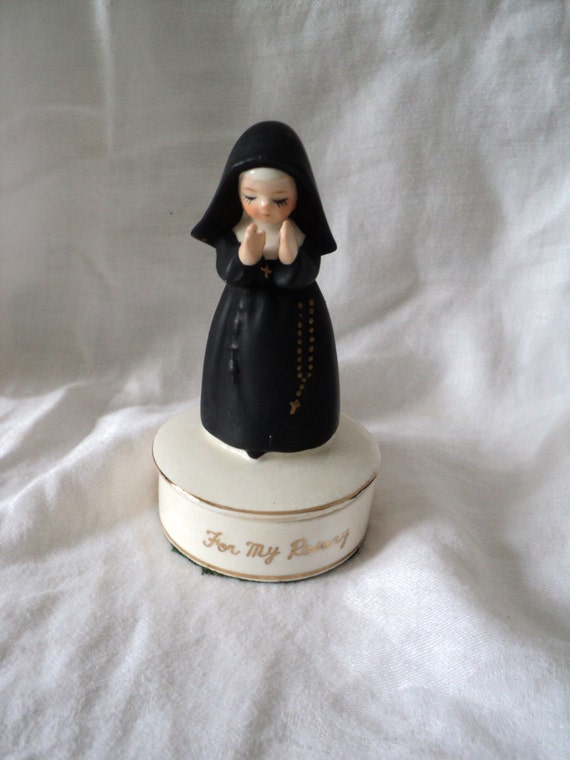 Ceramic Nun Figurine Rosary Holder 1960s