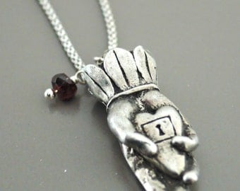 Silver Necklace - Palmistry Hand Necklace - Heart Necklace - Garnet Necklace - Hand Necklace - handmade jewelry