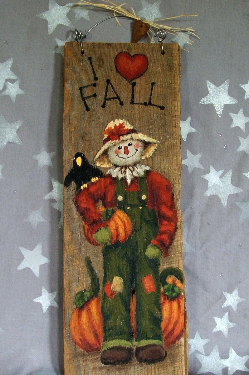 I Love Fall scarecrow hand painted on barnwood 5 x