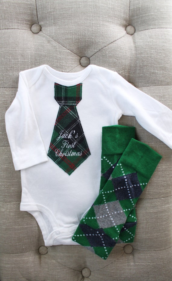 Baby Boy Baby's 1st Christmas Holiday Outfit Personalized Tie Bodysuit & Leg Warmers Blue Green Red Plaid, Argyle Leg Warmers. Hanukkah by ChicCoutureBoutique