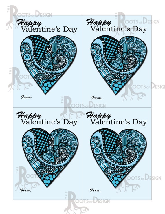 Instant Download- Light Blue Heart zentangle inspired cards- Great for Valentine's Day, Heart day, and the classroom - Printable Card