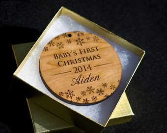 Baby's First Christmas Ornaments - Personalized Christmas Ornaments Engraved Premium Cherry Wood - Newborn or New Mom Gift - Circle Ornament