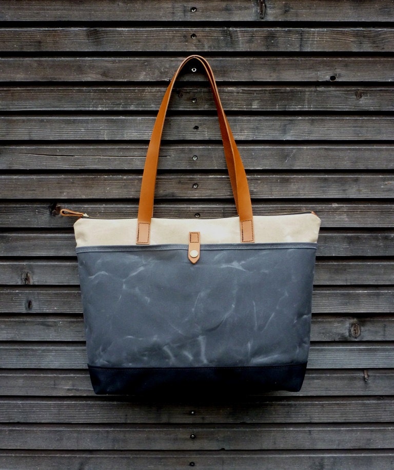 Waxed canvas tote bag / carry all with leather handles and