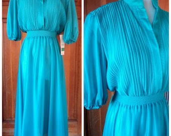 Vintage 70s Dress Crystal Pleated Secretary Day Dress Teal Green NOS Samuel Blue Size 8 34 Bust