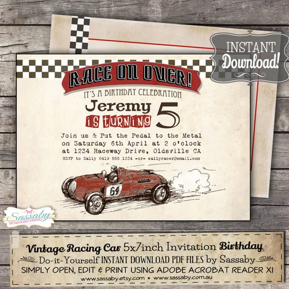 Vintage Racing Car Invitation - INSTANT DOWNLOAD - Editable & Printable Birthday Party Invitation by Sassaby Il_570xn