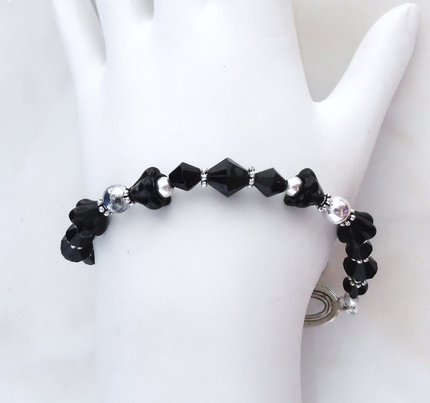 Black Crystal Flower Bracelet Handmade Sterling by TheGlitterShop