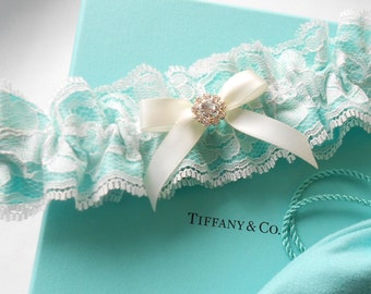 Wedding Garter SET 5 Colors Lace IVORY WHITE Antique Ivory Light Blue and Black Lace over Satin Pearl and Rhinestone Setting