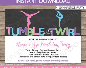 Gymnastics Invitation Template - Gymnastics Birthday Party Invite - Printable Chalkboard Invitation - INSTANT DOWNLOAD with EDITABLE text
