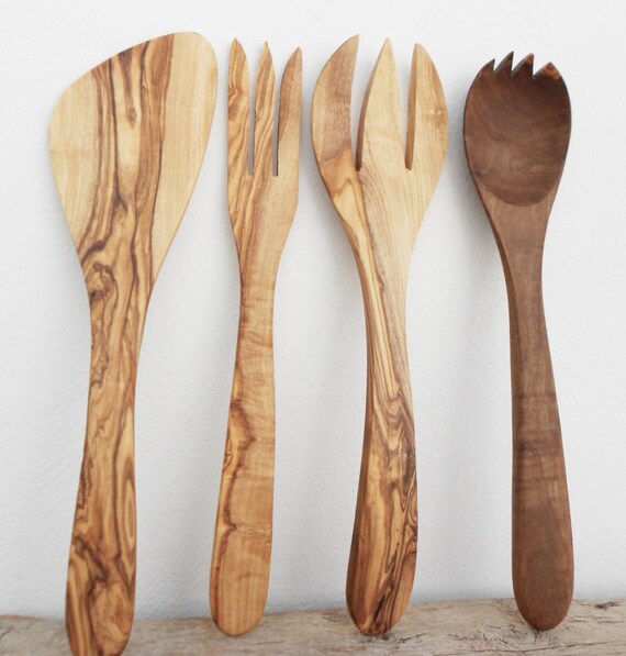 Set of 4 Olive Wood medium Utensils set 1 Spork 1 by ZitounaWood
