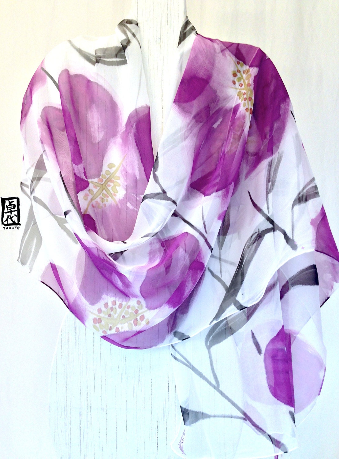 Hand painted Large Silk Scarf Off White Silk by SilkScarvesTakuyo