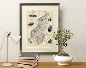 Map of Sweden, Map of Norway - Antique map print - Vintage map fine reproduction
