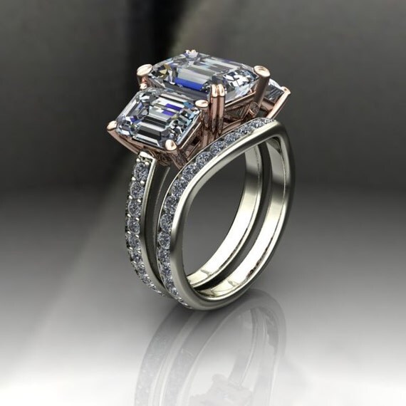 Three Stone Engagement Ring and Wedding Band Forever Brilliant Moissanite and Diamond 7.56 CTW