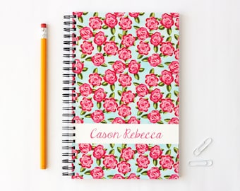 Custom Notebook Personalized Journal Pink and Turquoise Rose Pattern Preppy Flower Lilly Pulitzer Inspired School Supplies Bridesmaids Gifts