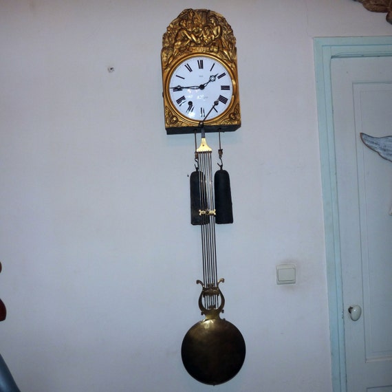 Antique French wall clock 1800s brass w enamel comptoise