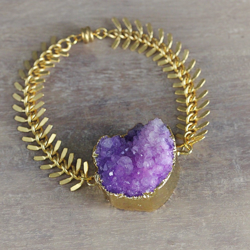Purple Statement Bracelet - Purple Druzy Bracelet - Chunky Stone Bracelet - Purple and Gold Jewelry - UK Jewellery