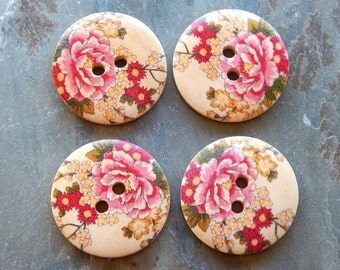 30mm - 2 Hole Beautiful Painted Floral Wood Buttons, 4 PC (INDOC324)