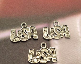 USA Word Charm - 4 pieces-(Antique Pewter Silver Finish)--style 605--