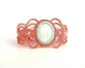 Macrame Bracelet - White Mother Of Pearl With Pink Coral And Mint Thread