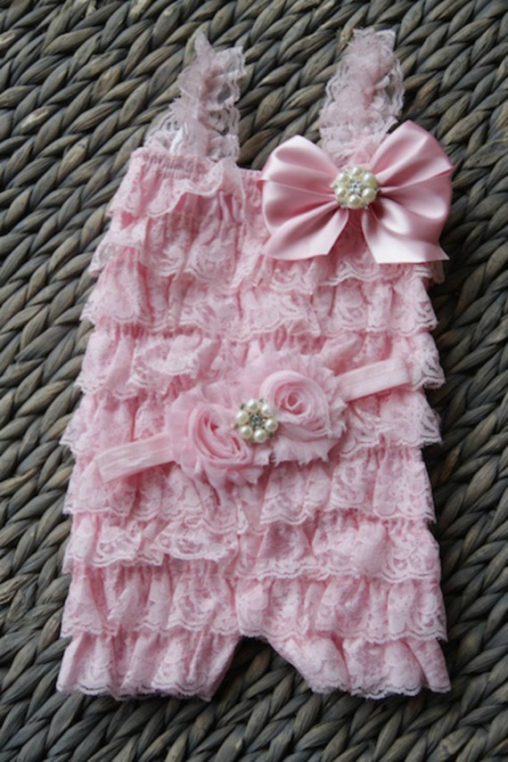 Pink Lace Romper Pink Headband Baby Girl 1st Birthday Baby