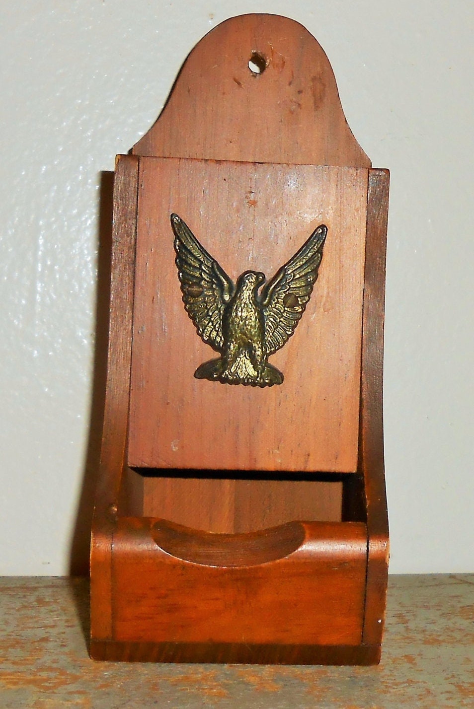 Vintage Match Box Holder, Wood, Brass Eagle, Retro, Match Holder