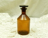 Small Antique French Amber  Glass Medicine Apothecary  Bottle with Glass Stopper  / French Country Decor / Apothecary Decor