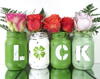 St Patricks Day Party Decoration, Green Mason Jars, Spring Decor, Distressed Home Decor, Painted Mason Jars, Rustic Centerpiece