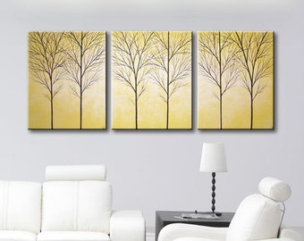 Painting Canvas Art Large Wall Art Wall Decor Tree Art Yellow Art Cadmium Yellow Home Decor Original Paintings Artwork 48x20