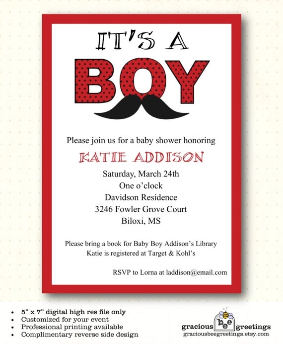 Baby Shower Invitation boy mustache red black white