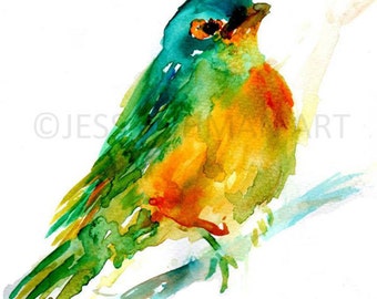 Print of Original Watercolor Painting, Titled: "Cooper, the Green Bird" by Jessica Buhman 8 x 10 Green Yellow Blue Orange Turquoise