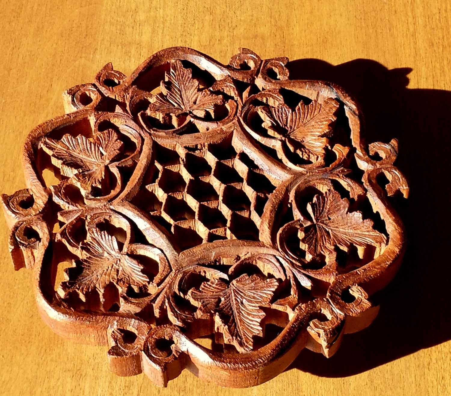 Hand Carved Wood Trivet Made in India Vintage Retro Bohemian