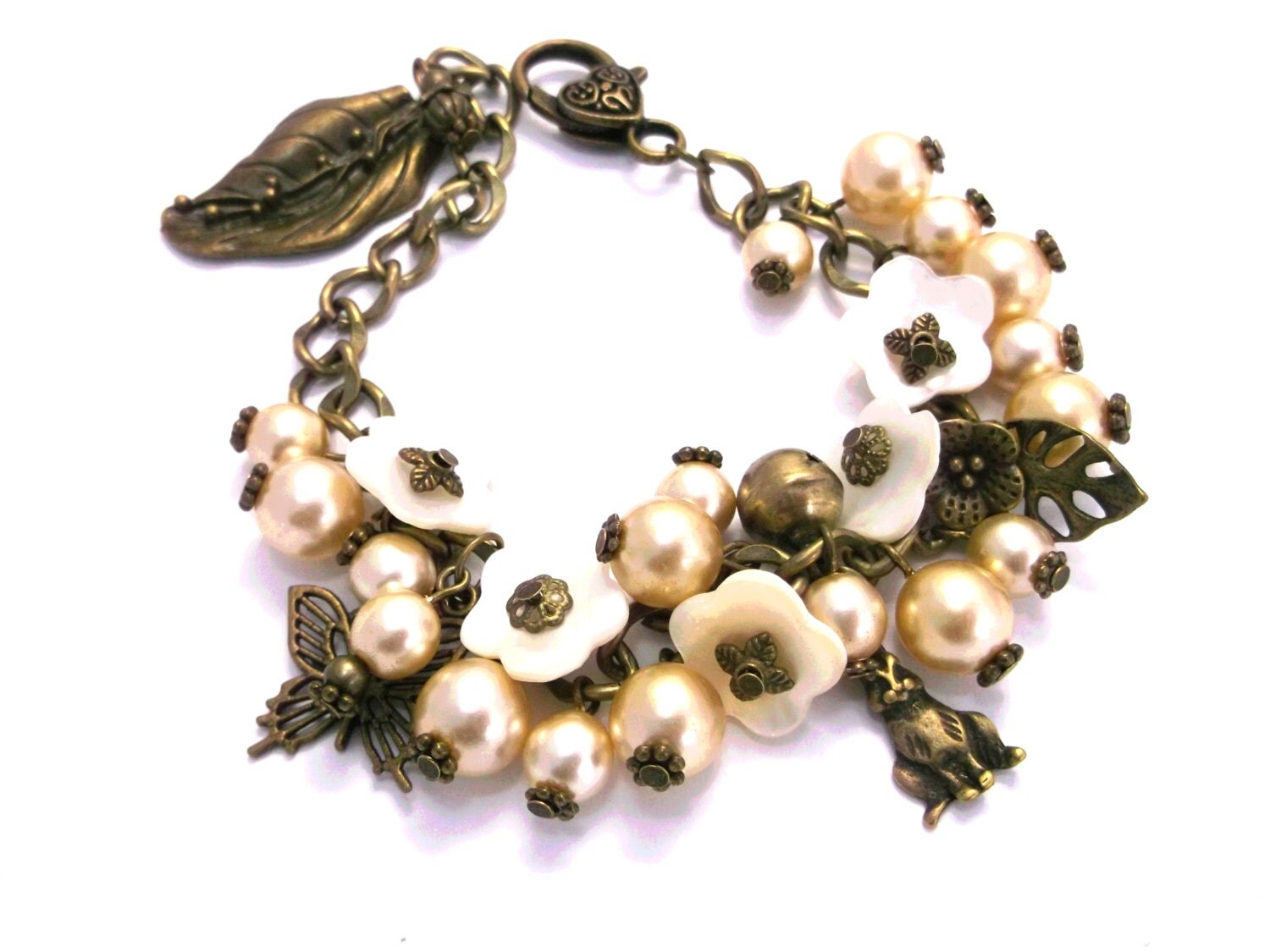 Bronze Flower bracelet Glass Charm by Jewelry2Heart on Etsy