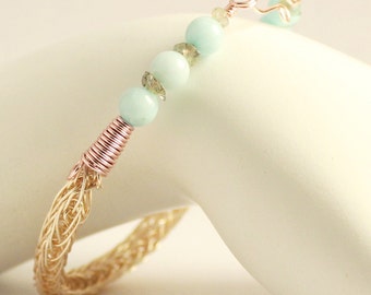 Aquamarine bracelet, rose gold plated chain jewelry, March birthstone Viking Bracelet, pale blue stone bracelet, Labradorite Norse jewelry