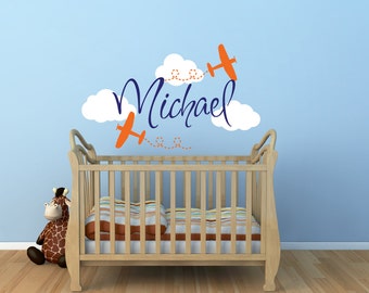 Airplane Name Wall Decal - Boys Wall Decal - Airplane Wall Decal - Cloud Wall Decals - Boys Nursery Decal - Boys Name Wall Decal