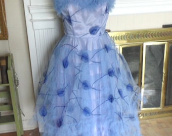 1950's embroidered blue tulle prom dress , strapless , layered / vintage evening wear gown