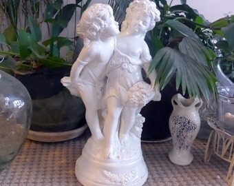 LARGE Abbott of England Statue Vintage Chalkware - Mid Century Large Vintage Ivory / White Statue Boy & Girl
