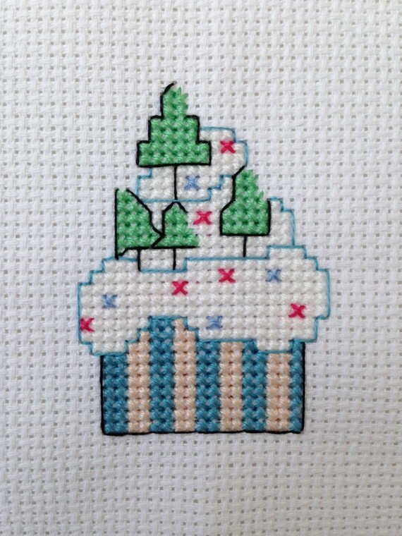 Christmas trees scene on a cupcake cross stitch design Instant