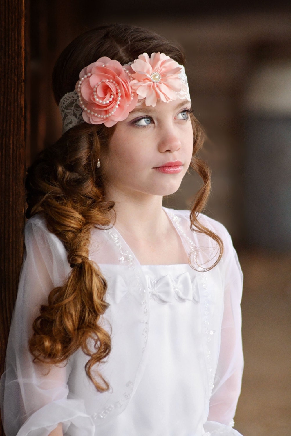 Peach Flower Headband Ivory Lace Headband Flower Girl Headband Pearl 