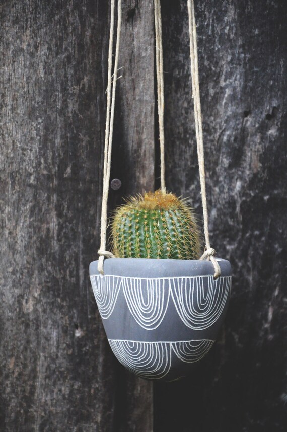 Hand Carved Ceramic Hanging Planter / Black & by HalfLightHoney